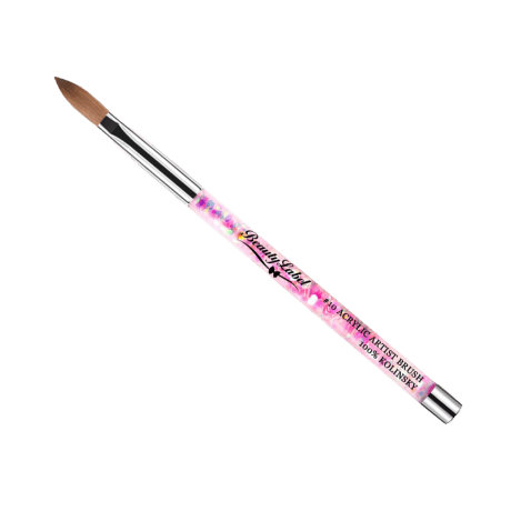 Ditpenseel is van 100% kolinksy haar en bevat een doorzichtige handle waar water in zit met roze hartjes. Hij is bedoeld voor het aanbrengen van acrylnagels. Dit Beauty Label penseel is een kleine maat 10 vergeleken met sommige andere merken.  Dit penseel heeft super leuke glitters in het penseel verwerkt zitten en heeft een metalen handle waardoor je een goede grip hebt.  De schacht van het penseel is plat maar het penseel is ovaal. 100% Kolinksy haren.  Lees hieronder meer informatie over het penseel.