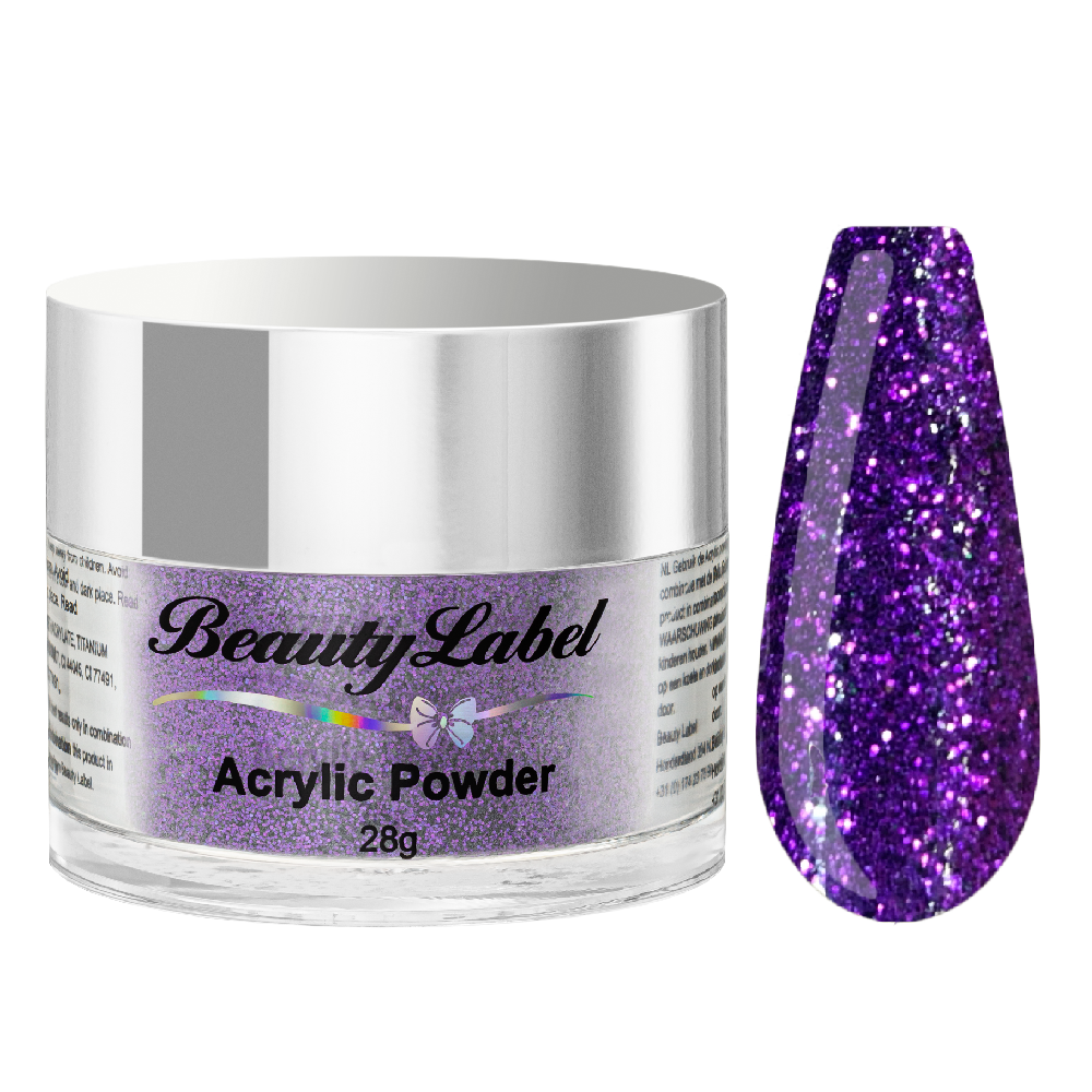 acrylpoeder, Acrylic powders, Acrylic color powders van Beauty Label #20 donker paars purple met glitters. Pot 28g met zilveren deksel. Te koop bij Beauty Label. groothandel in nagelproducten en wimperextensions.