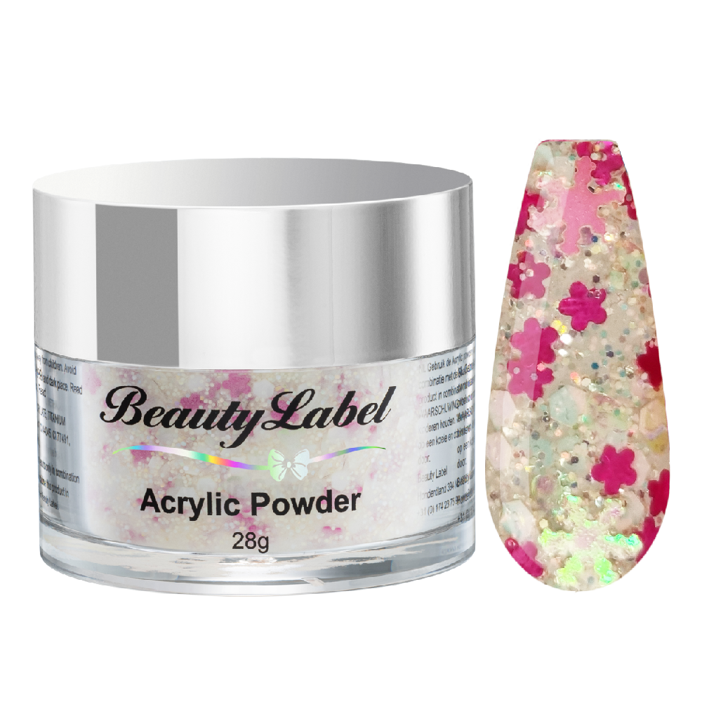 acrylpoeder, Acrylic powders, Acrylic color powders van Beauty Label #62 pink flower glitter. Pot 28g met zilveren deksel. Te koop bij Beauty Label. groothandel in nagelproducten en wimperextensions.