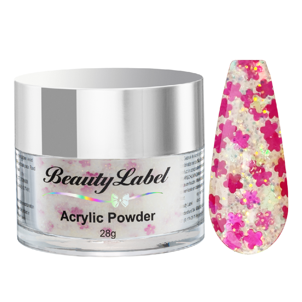 acrylpoeder, Acrylic powders, Acrylic color powders van Beauty Label #64 pink glitter flowers. Pot 28g met zilveren deksel. Te koop bij Beauty Label. groothandel in nagelproducten en wimperextensions.