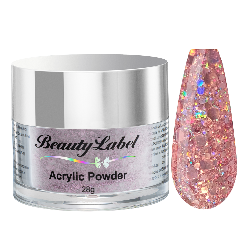 acrylpoeder, Acrylic powders, Acrylic color powders van Beauty Label #73 pink holographic. Pot 28g met zilveren deksel. Te koop bij Beauty Label. groothandel in nagelproducten en wimperextensions.