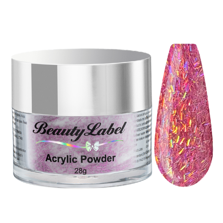 holographic flitters light pink acrylic powder voorbeeld tip. Acrylic color powders voor het zetten van acrylnagels.