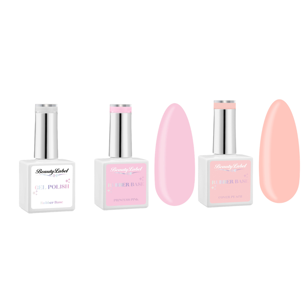 Assortiment rubber base gels in transparant, licht roze en cover peach