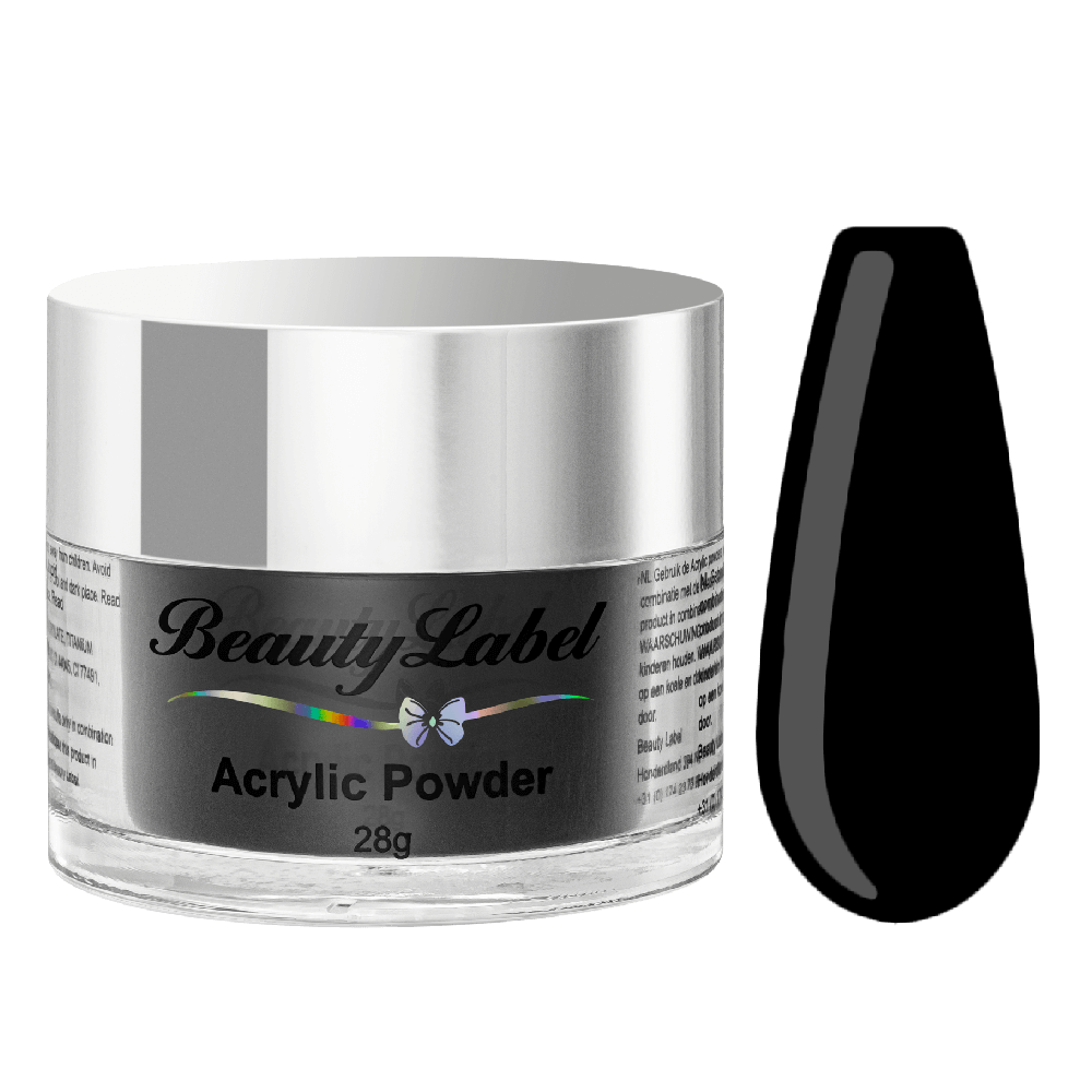 Acrylpoeder, Acrylic powders, Acrylic color powders van Beauty Label #01 zwart. Pot 28g met zilveren deksel. Te koop bij Beauty Label. groothandel in nagelproducten en wimperextensions.
