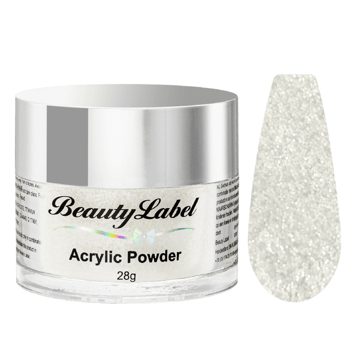 Acrylpoeder, Acrylic powders, Acrylic color powders van Beauty Label #03 wit shimmer glitter. Pot 28g met zilveren deksel. Te koop bij Beauty Label. groothandel in nagelproducten en wimperextensions.