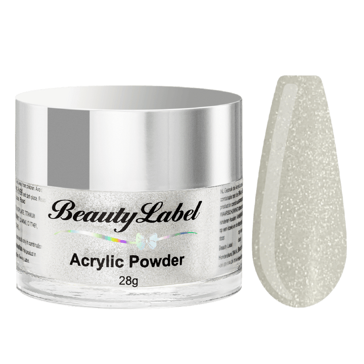 Acrylpoeder, Acrylic powders, Acrylic color powders van Beauty Label #05 wit zilver shimmer metallic. Pot 28g met zilveren deksel. Te koop bij Beauty Label. groothandel in nagelproducten en wimperextensions.