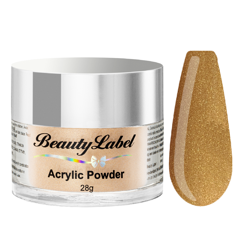 acrylpoeder, Acrylic powders, Acrylic color powders van Beauty Label #13 goud gold glitter metallic. Pot 28g met zilveren deksel. Te koop bij Beauty Label. groothandel in nagelproducten en wimperextensions.