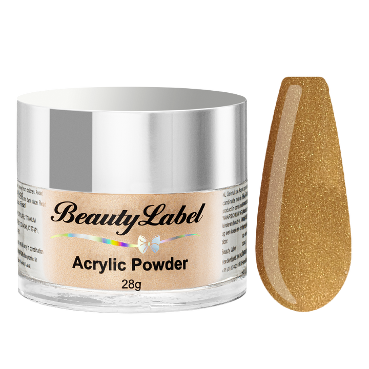 acrylpoeder, Acrylic powders, Acrylic color powders van Beauty Label #13 goud gold glitter metallic. Pot 28g met zilveren deksel. Te koop bij Beauty Label. groothandel in nagelproducten en wimperextensions.