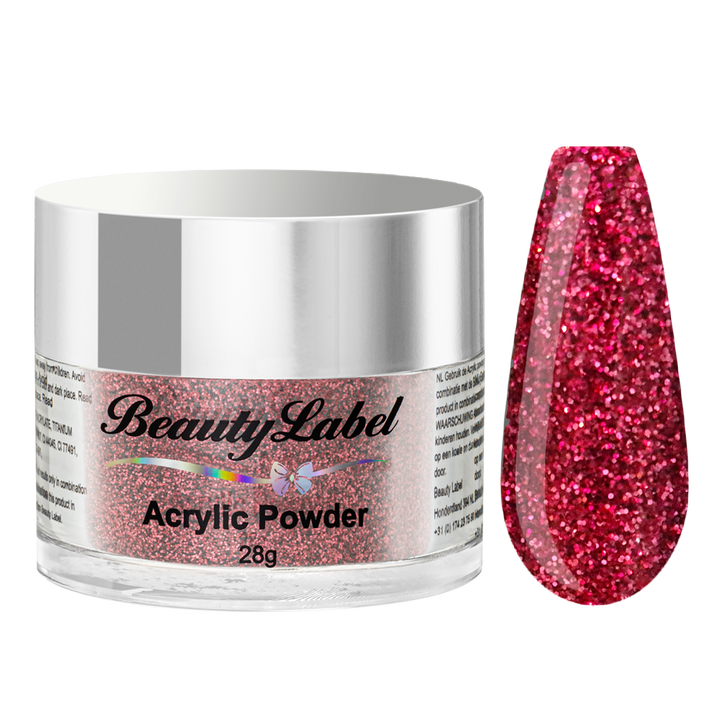 acrylpoeder, Acrylic powders, Acrylic color powders van Beauty Label #15 rood red glitter. Pot 28g met zilveren deksel. Te koop bij Beauty Label. groothandel in nagelproducten en wimperextensions.