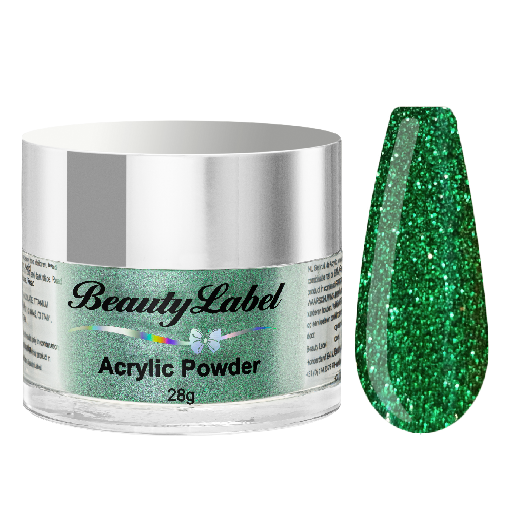 acrylpoeder, Acrylic powders, Acrylic color powders van Beauty Label #19 donker mos groen green met glitters. Pot 28g met zilveren deksel. Te koop bij Beauty Label. groothandel in nagelproducten en wimperextensions.