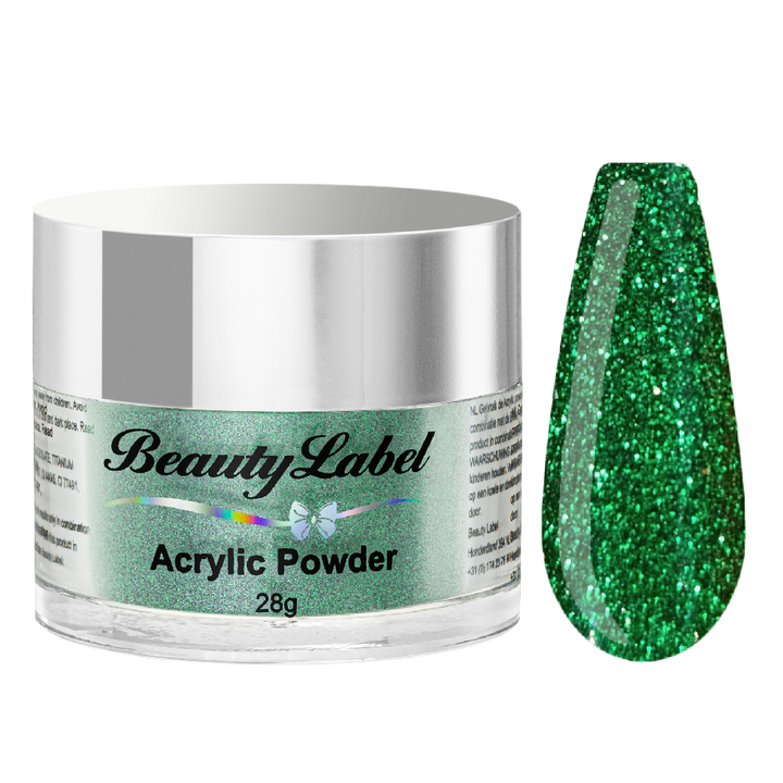 acrylpoeder, Acrylic powders, Acrylic color powders van Beauty Label #19 donker mos groen green met glitters. Pot 28g met zilveren deksel. Te koop bij Beauty Label. groothandel in nagelproducten en wimperextensions.