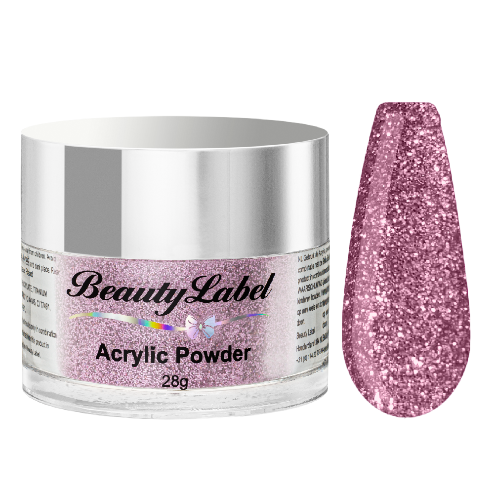 acrylpoeder, Acrylic powders, Acrylic color powders van Beauty Label #22 roze pink met glitters. Pot 28g met zilveren deksel. Te koop bij Beauty Label. groothandel in nagelproducten en wimperextensions.