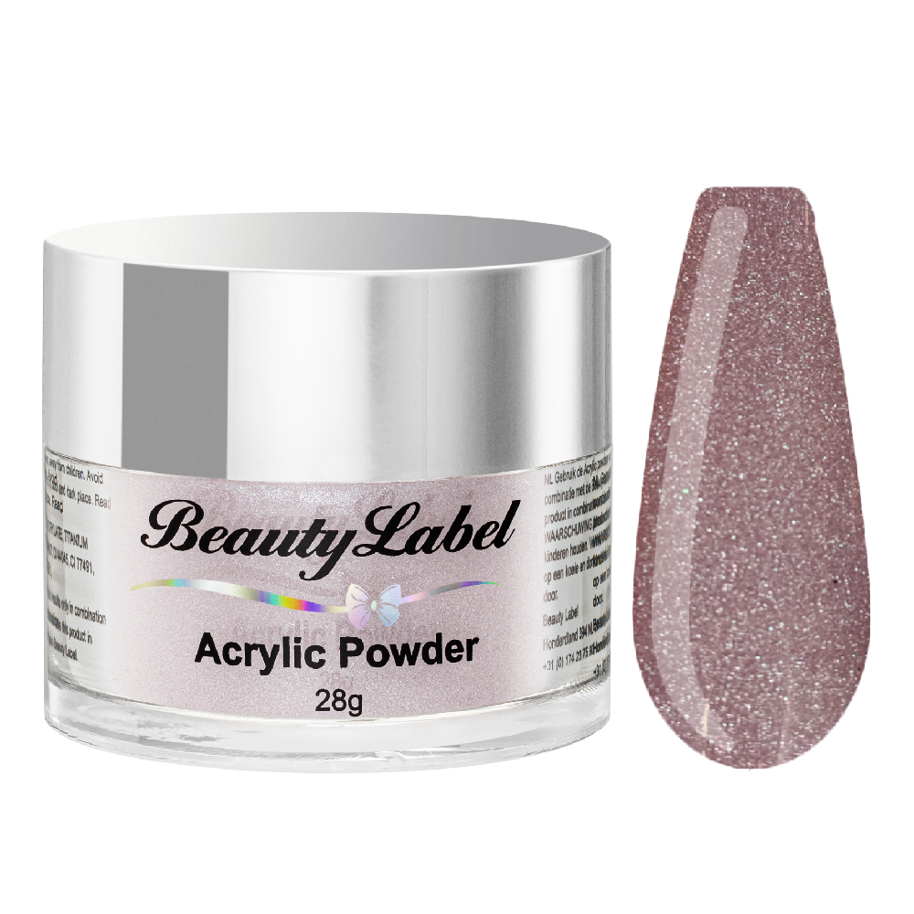 acrylpoeder, Acrylic powders, Acrylic color powders van Beauty Label #33 roze paars nude metallic shimmer. Pot 28g met zilveren deksel. Te koop bij Beauty Label. groothandel in nagelproducten en wimperextensions.
