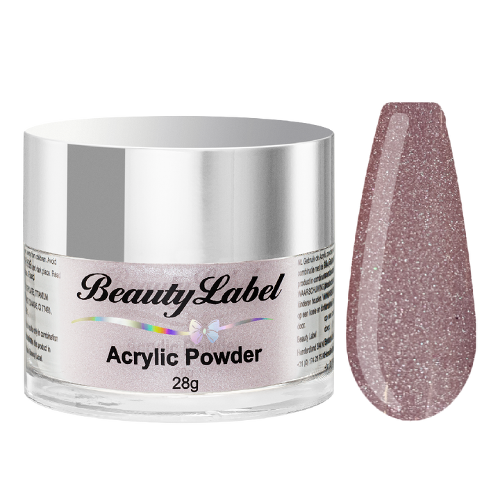 acrylpoeder, Acrylic powders, Acrylic color powders van Beauty Label #33 roze paars nude metallic shimmer. Pot 28g met zilveren deksel. Te koop bij Beauty Label. groothandel in nagelproducten en wimperextensions.