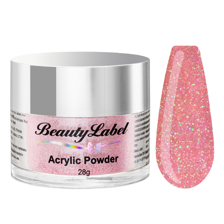 acrylpoeder, Acrylic powders, Acrylic color powders van Beauty Label #46 warm sweet pink glitter. Pot 28g met zilveren deksel. Te koop bij Beauty Label. groothandel in nagelproducten en wimperextensions.