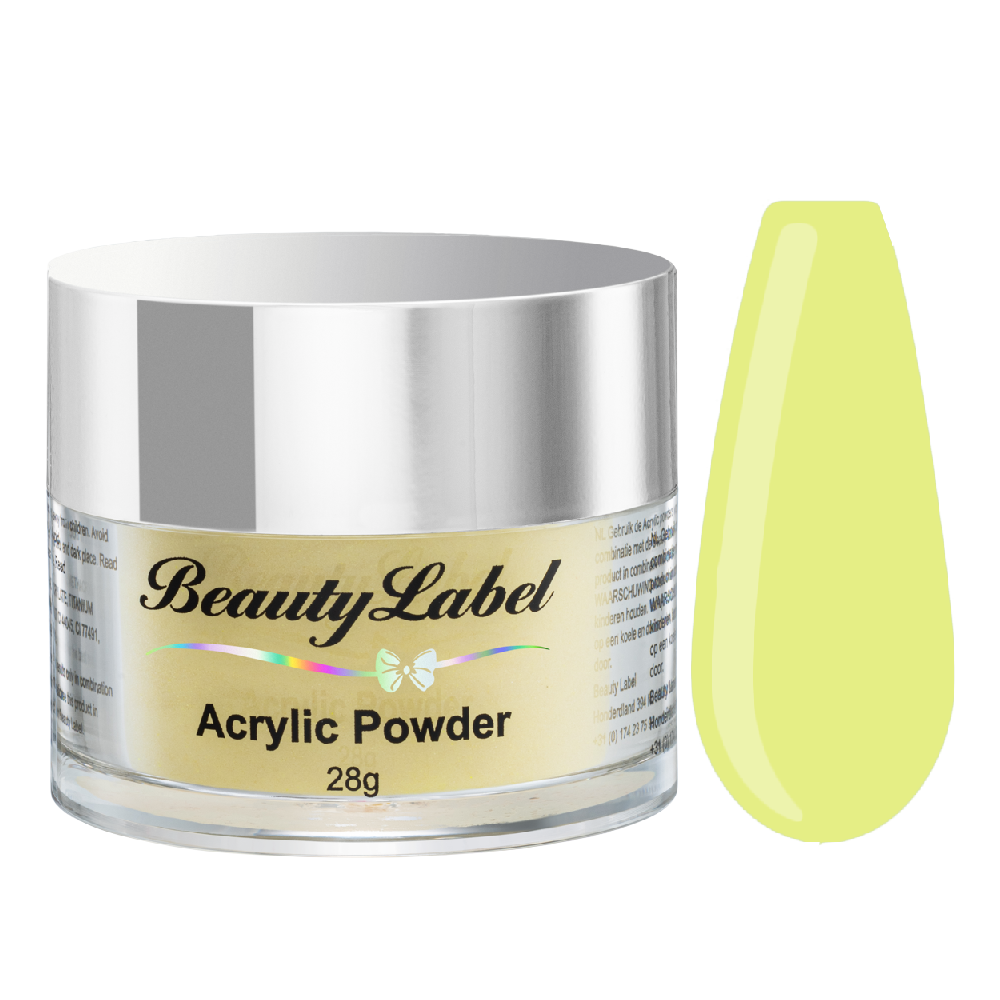 acrylpoeder, Acrylic powders, Acrylic color powders van Beauty Label #55 neon yellow, neon geel. Pot 28g met zilveren deksel. Te koop bij Beauty Label. groothandel in nagelproducten en wimperextensions.