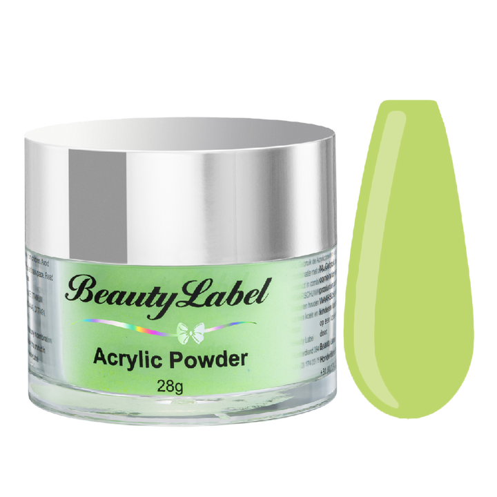 acrylpoeder, Acrylic powders, Acrylic color powders van Beauty Label #57 neon yellow green. Pot 28g met zilveren deksel. Te koop bij Beauty Label. groothandel in nagelproducten en wimperextensions.