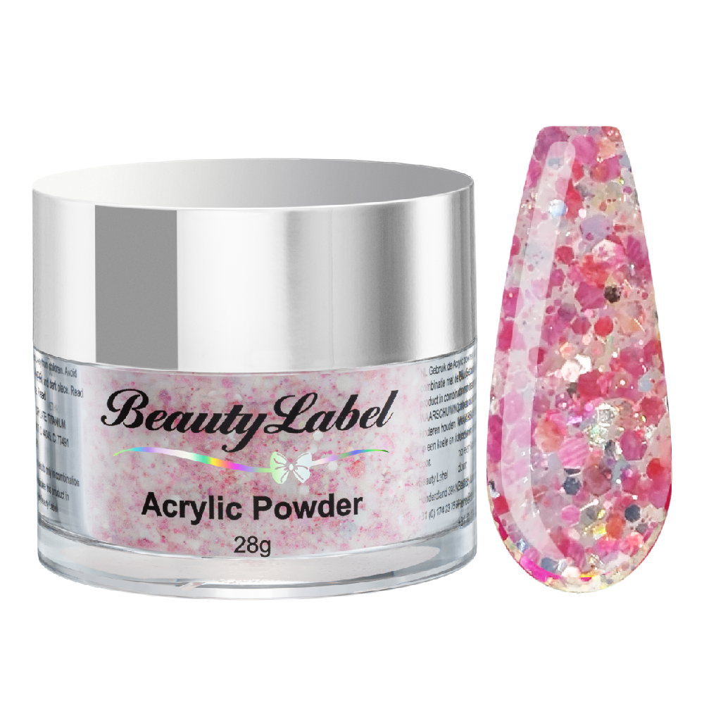 acrylpoeder, Acrylic powders, Acrylic color powders van Beauty Label #65 glitter dots pink. Pot 28g met zilveren deksel. Te koop bij Beauty Label. groothandel in nagelproducten en wimperextensions.