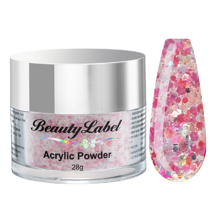 acrylpoeder, Acrylic powders, Acrylic color powders van Beauty Label #65 glitter dots pink. Pot 28g met zilveren deksel. Te koop bij Beauty Label. groothandel in nagelproducten en wimperextensions.