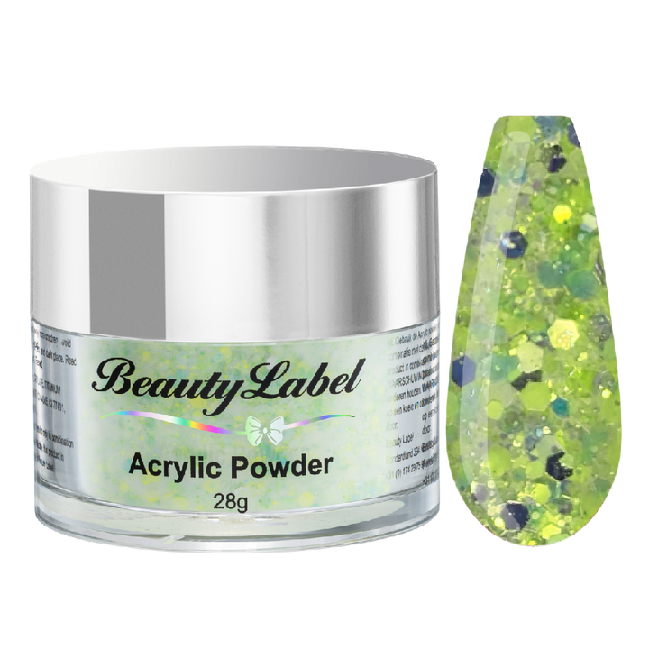 acrylpoeder, Acrylic powders, Acrylic color powders van Beauty Label #66 green glitter dots. Pot 28g met zilveren deksel. Te koop bij Beauty Label. groothandel in nagelproducten en wimperextensions.