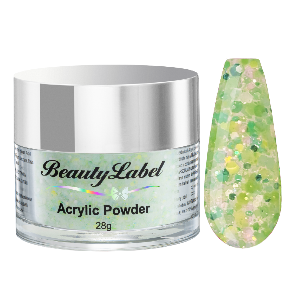 acrylpoeder, Acrylic powders, Acrylic color powders van Beauty Label #67 apple green glitter dots. Pot 28g met zilveren deksel. Te koop bij Beauty Label. groothandel in nagelproducten en wimperextensions.