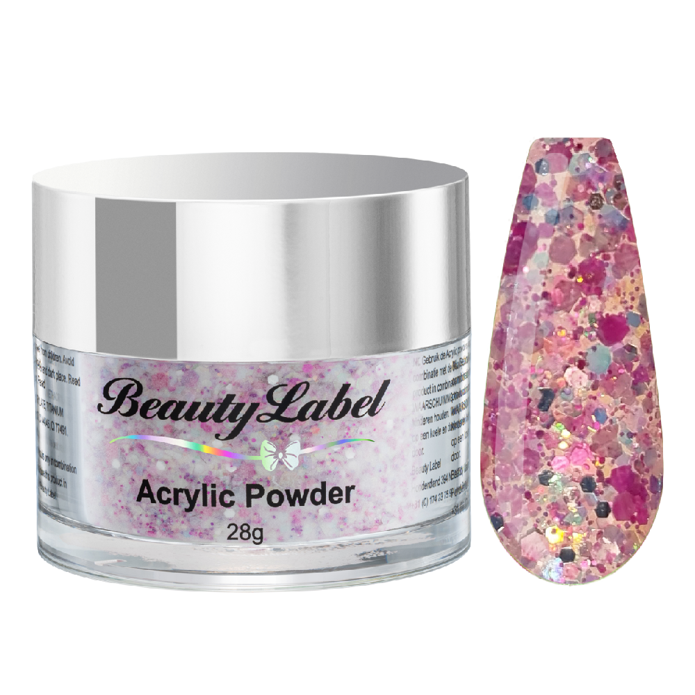 acrylpoeder, Acrylic powders, Acrylic color powders van Beauty Label #68 dark pink glitter dots. Pot 28g met zilveren deksel. Te koop bij Beauty Label. groothandel in nagelproducten en wimperextensions.