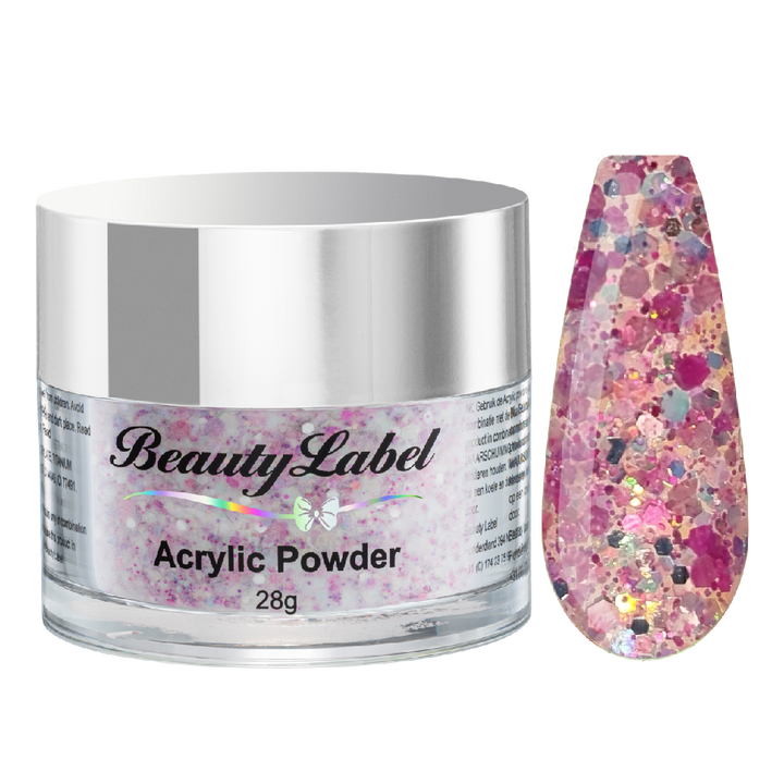 acrylpoeder, Acrylic powders, Acrylic color powders van Beauty Label #68 dark pink glitter dots. Pot 28g met zilveren deksel. Te koop bij Beauty Label. groothandel in nagelproducten en wimperextensions.