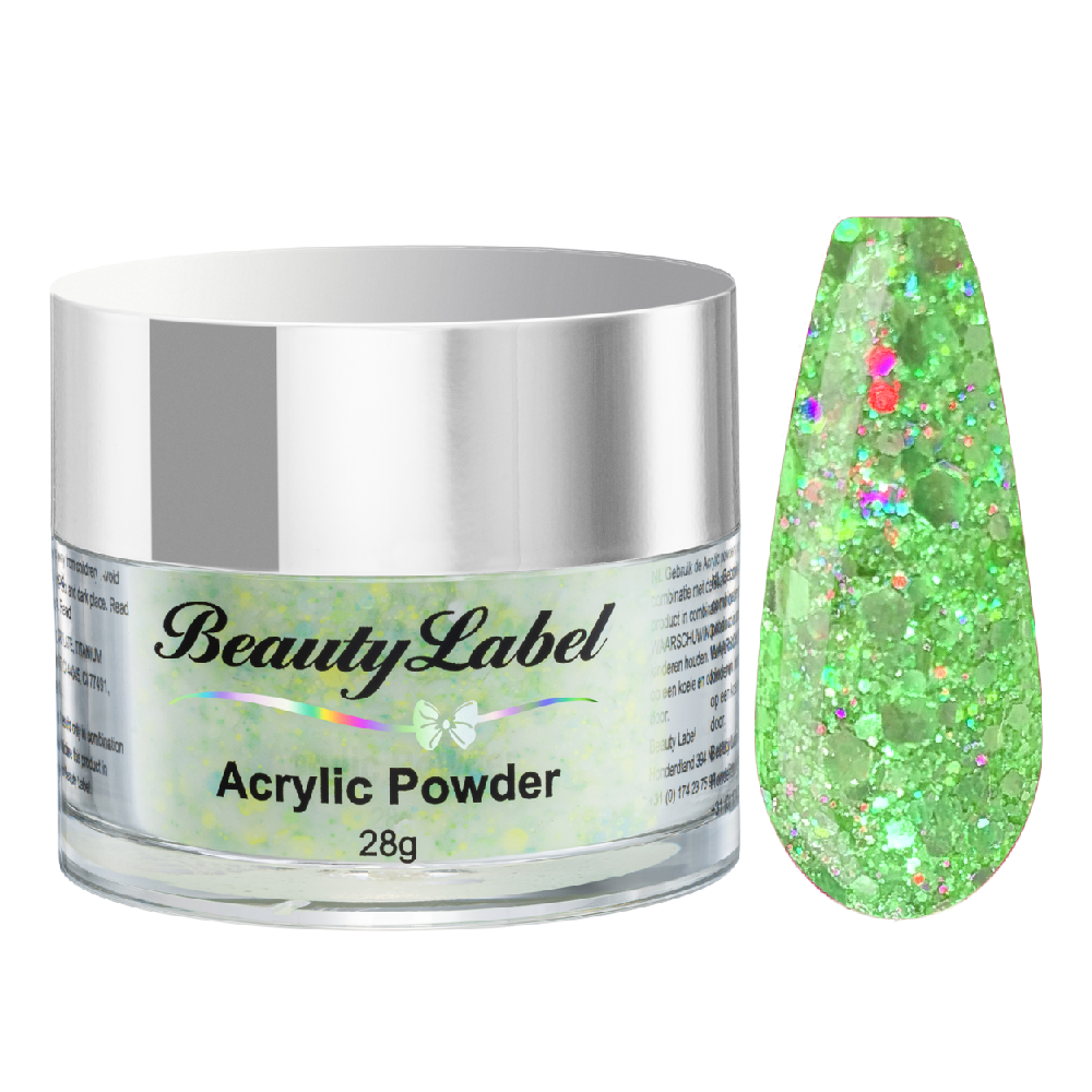 acrylpoeder, Acrylic powders, Acrylic color powders van Beauty Label #71 green holographic. Pot 28g met zilveren deksel. Te koop bij Beauty Label. groothandel in nagelproducten en wimperextensions.