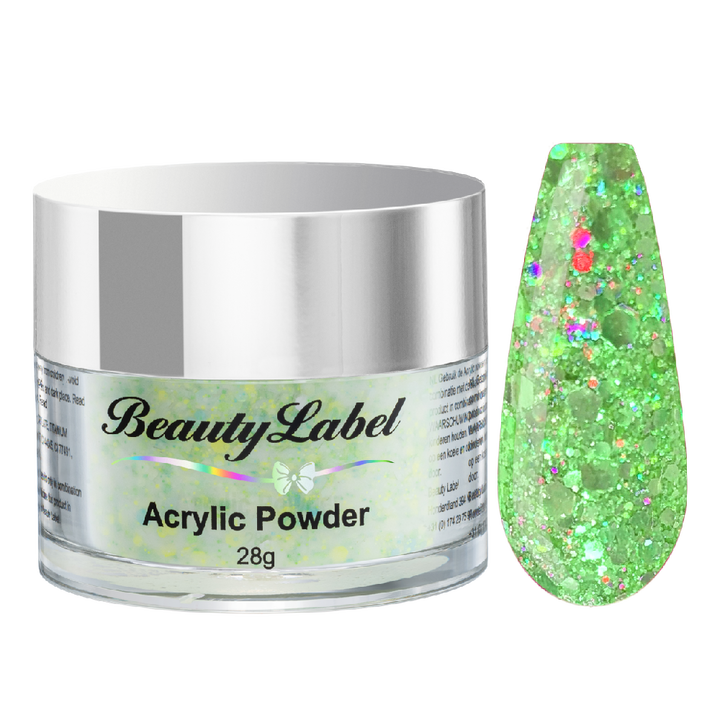 acrylpoeder, Acrylic powders, Acrylic color powders van Beauty Label #71 green holographic. Pot 28g met zilveren deksel. Te koop bij Beauty Label. groothandel in nagelproducten en wimperextensions.