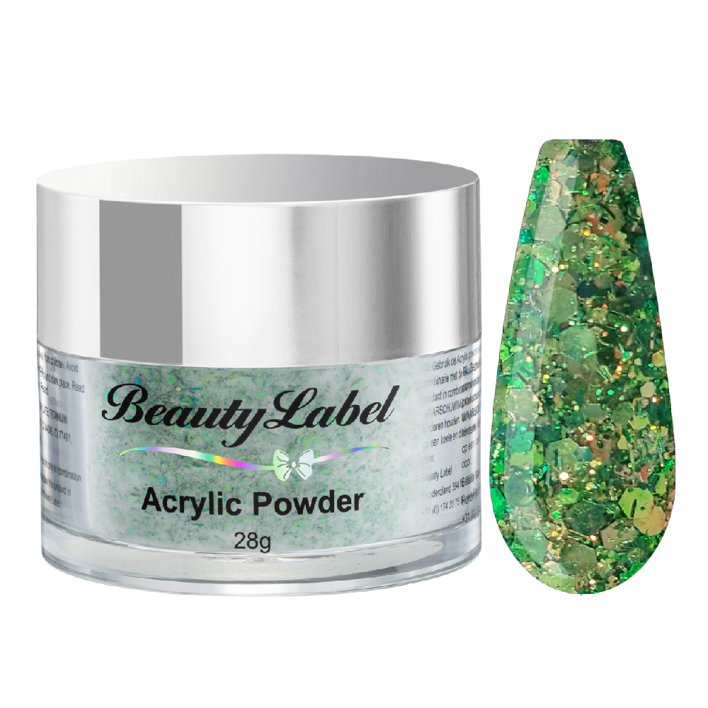 acrylpoeder, Acrylic powders, Acrylic color powders van Beauty Label #75 chameleon green. Pot 28g met zilveren deksel. Te koop bij Beauty Label. groothandel in nagelproducten en wimperextensions.